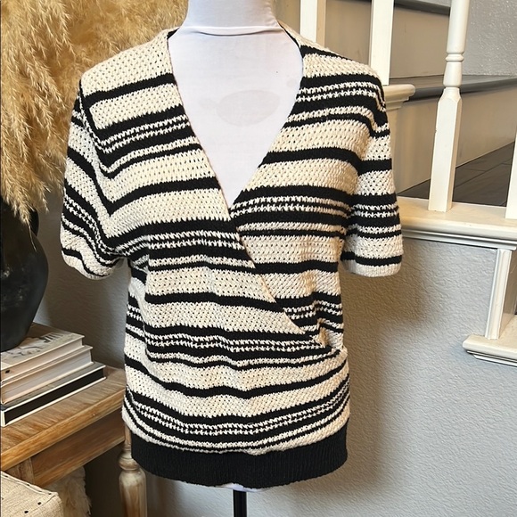 Anthropologie Striped Cropped Wrap Cotton Blend Short Sleeve Sweater Size Large - Picture 1 of 8